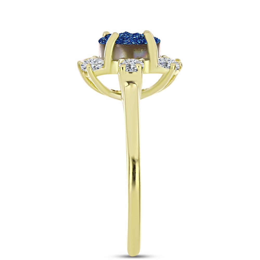 Inel din Argint 925 Placat cu Aur ( 3.13 grame ) cu Albastru Drusy și Topaz Alb 2.9 Carate