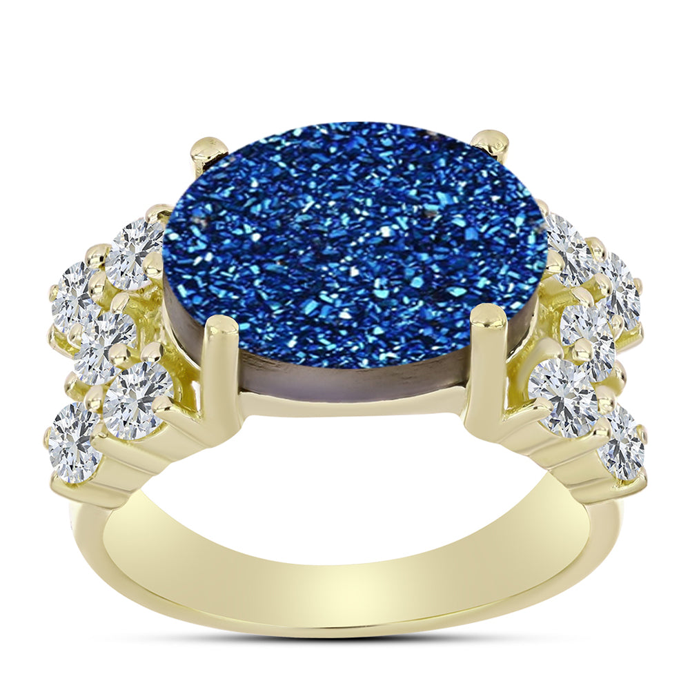 Inel din Argint 925 Placat cu Aur ( 4.37 grame ) cu Albastru Drusy și Topaz Alb 7.33 Carate 3 