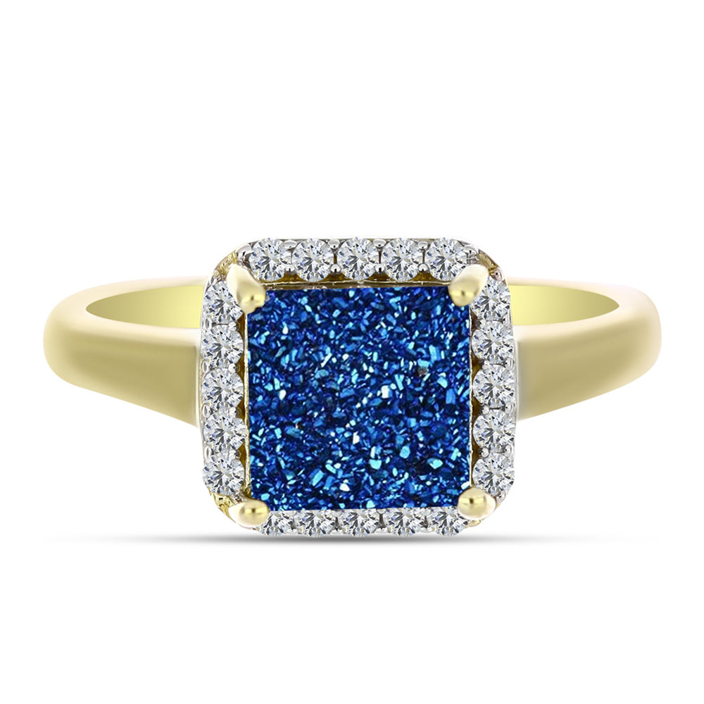 Inel din Argint 925 Placat cu Aur ( 3.64 grame ) cu Albastru Drusy și Topaz Alb 3.03 Carate 1 