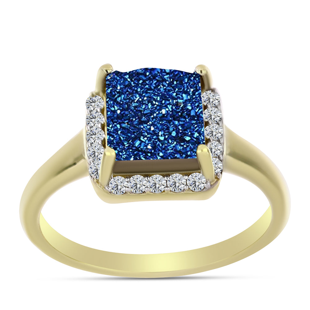 Inel din Argint 925 Placat cu Aur ( 3.64 grame ) cu Albastru Drusy și Topaz Alb 3.03 Carate