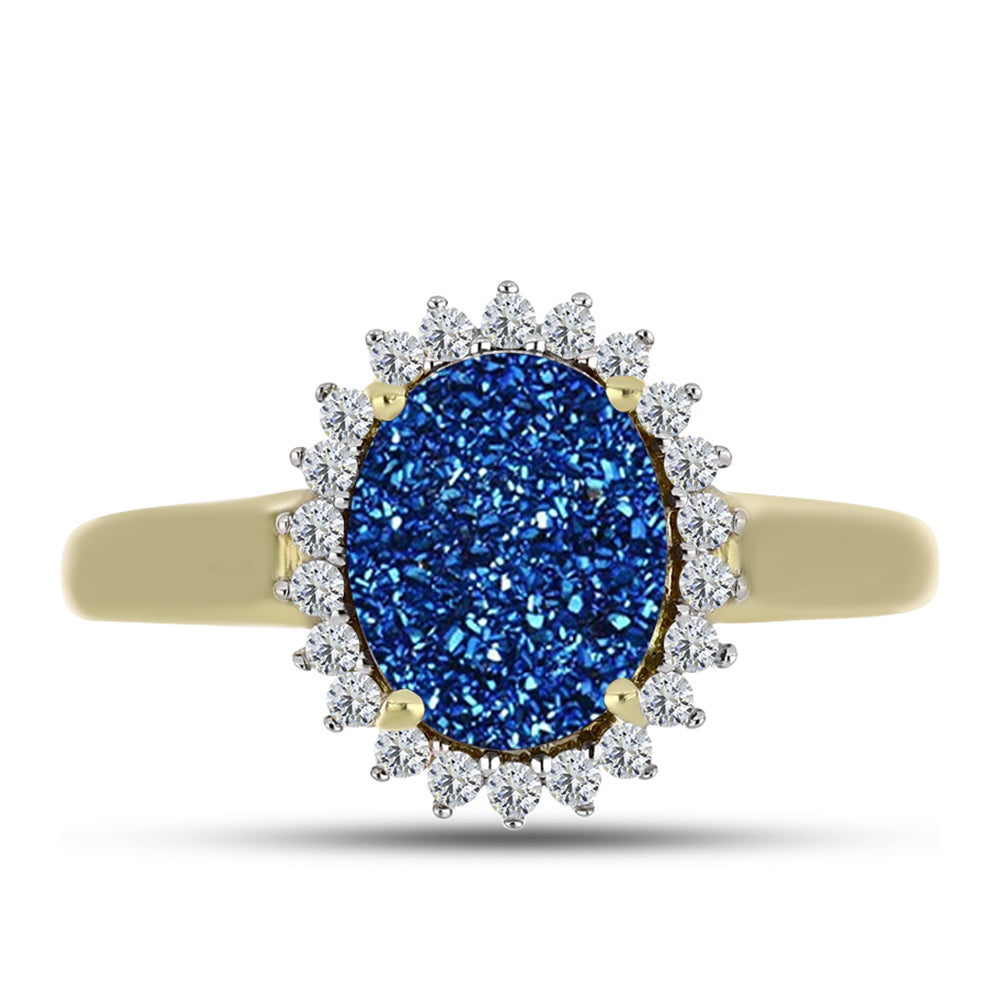 Inel din Argint 925 Placat cu Aur ( 2.59 grame ) cu Albastru Drusy și Topaz Alb 2.93 Carate
