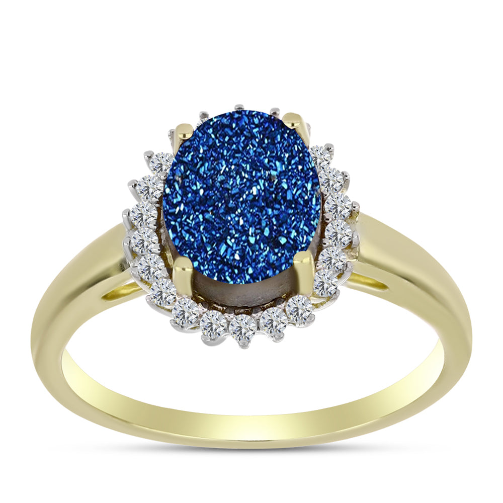 Inel din Argint 925 Placat cu Aur ( 2.59 grame ) cu Albastru Drusy și Topaz Alb 2.93 Carate 3 