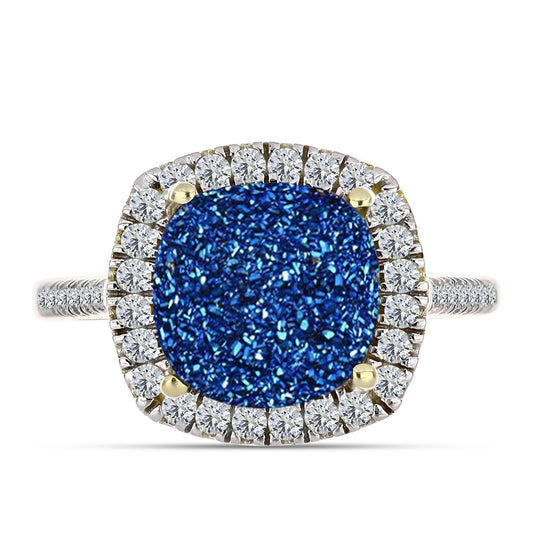 Inel din Argint 925 Placat cu Aur ( 3.93 grame ) cu Albastru Drusy și Topaz Alb 5.08 Carate
