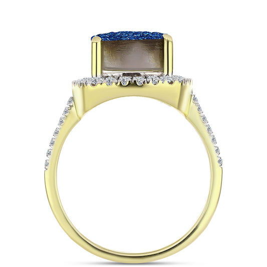 Inel din Argint 925 Placat cu Aur ( 3.93 grame ) cu Albastru Drusy și Topaz Alb 5.08 Carate
