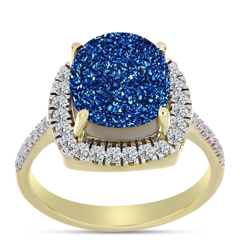Inel din Argint 925 Placat cu Aur ( 3.93 grame ) cu Albastru Drusy și Topaz Alb 5.08 Carate 3 