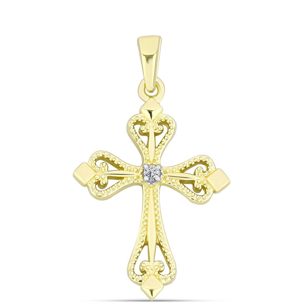Cruce Pandantiv din Argint 925 Placat cu Aur ( 1.26 grame ) cu Diamant Alb 0.01 Carate 1 