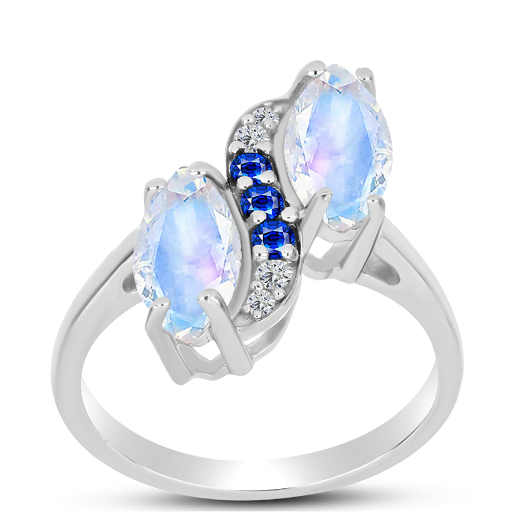 Inel din Argint 925 ( 3.11 grame ) cu Safir Albastru Australian și Piatra Lunii Curcubeu 2.11 Carate 3 