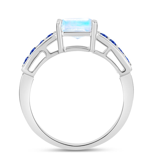 Inel din Argint 925 ( 2.72 grame ) cu Safir Albastru Australian și Piatra Lunii Curcubeu 2.74 Carate