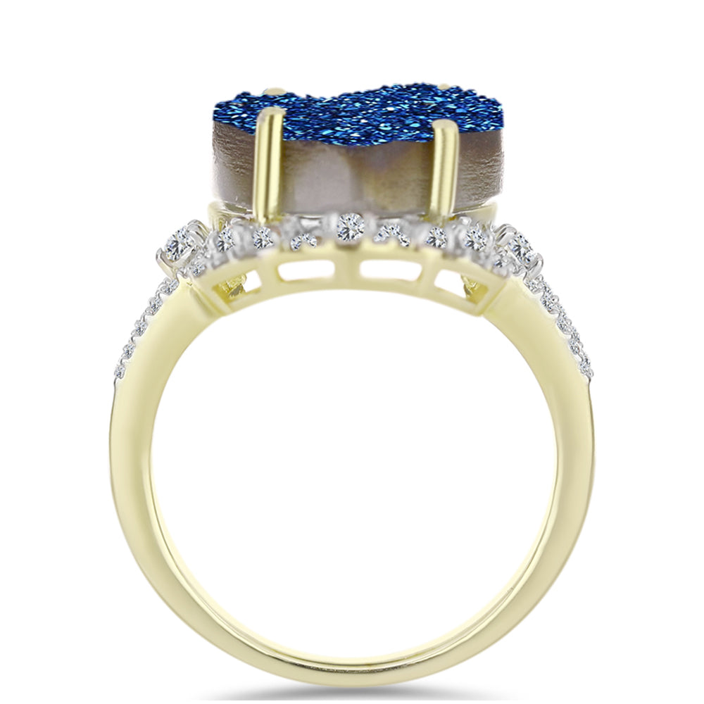 Inel din Argint 925 Placat cu Aur ( 4.33 grame ) cu Albastru Drusy și Topaz Alb 7.62 Carate