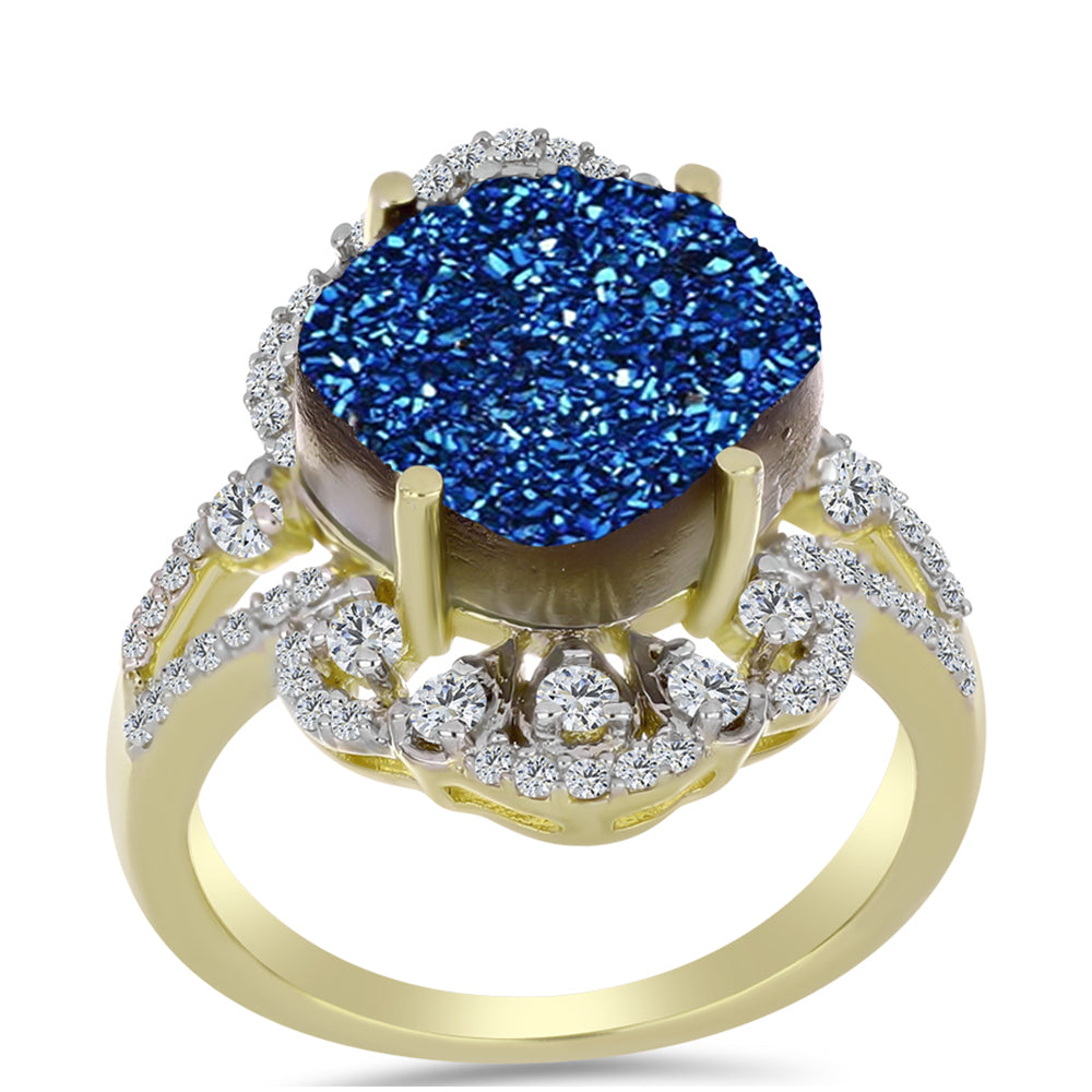 Inel din Argint 925 Placat cu Aur ( 4.33 grame ) cu Albastru Drusy și Topaz Alb 7.62 Carate 3 