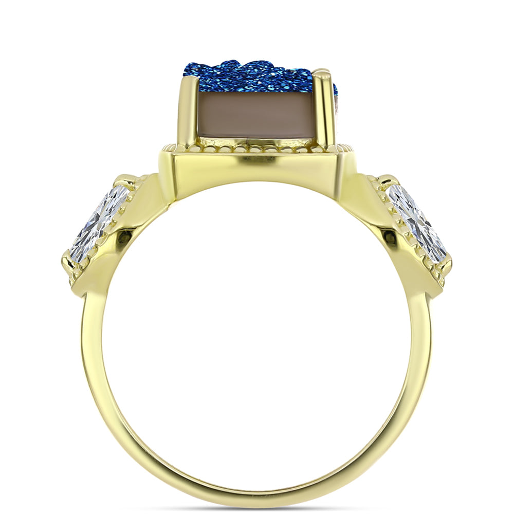 Inel din Argint 925 Placat cu Aur ( 4.37 grame ) cu Albastru Drusy și Topaz Alb 5.05 Carate