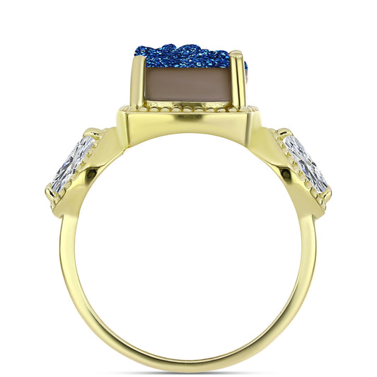 Inel din Argint 925 Placat cu Aur ( 4.37 grame ) cu Albastru Drusy și Topaz Alb 5.05 Carate
