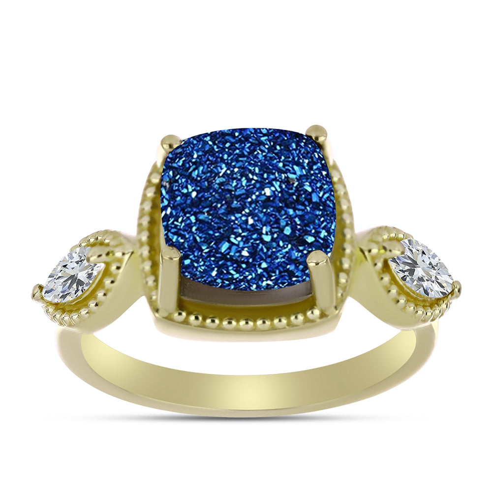 Inel din Argint 925 Placat cu Aur ( 4.37 grame ) cu Albastru Drusy și Topaz Alb 5.05 Carate 3 
