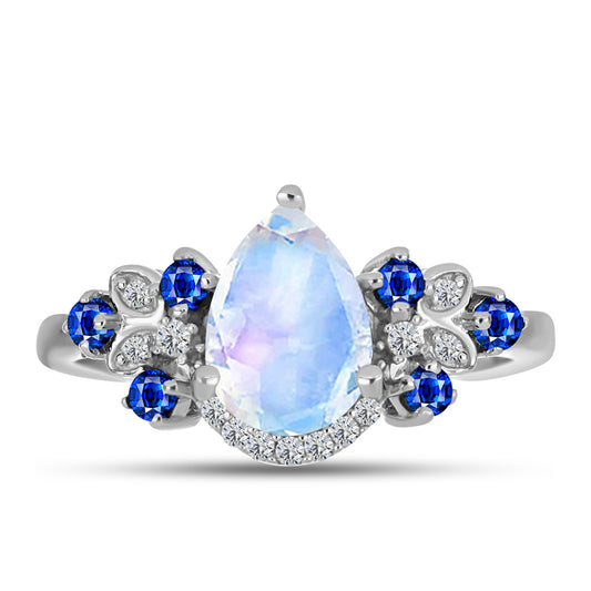 Inel din Argint 925 ( 3 grame ) cu Safir Albastru Australian și Piatra Lunii Curcubeu 2.21 Carate
