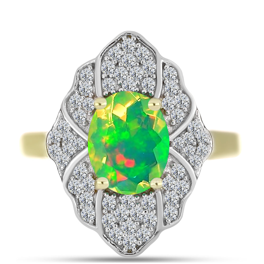 Inel din Argint 925 Placat cu Aur ( 3.85 grame ) cu Opal Verde Etiopian Lega Dembi și Topaz Alb 1.62 Carate