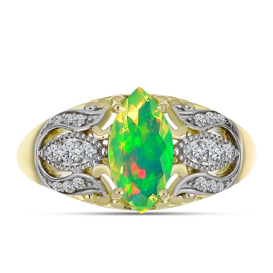Inel din Argint 925 Placat cu Aur ( 3.99 grame ) cu Opal Verde Etiopian Lega Dembi și Topaz Alb 1.22 Carate
