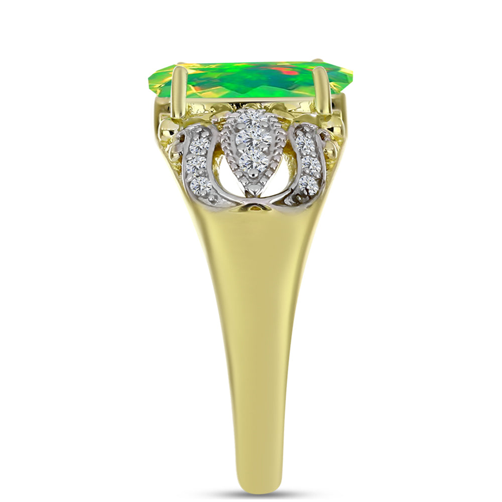 Inel din Argint 925 Placat cu Aur ( 3.99 grame ) cu Opal Verde Etiopian Lega Dembi și Topaz Alb 1.22 Carate