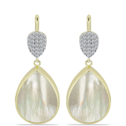 Cercei din Argint 925 Placat cu Aur ( 6.34 grame ) cu Sidef și Topaz Alb 12.09 Carate