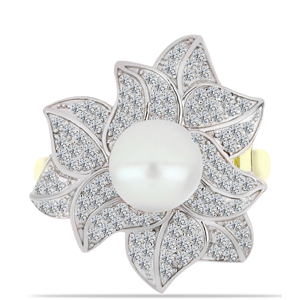 Inel din Argint 925 Placat cu Aur ( 5.26 grame ) cu Perlă de Apă Dulce Albă și Topaz Alb 3.82 Carate 1 