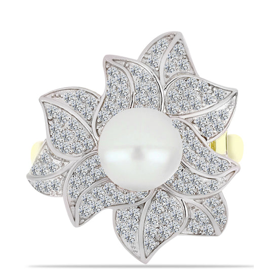 Inel din Argint 925 Placat cu Aur ( 5.26 grame ) cu Perlă de Apă Dulce Albă și Topaz Alb 3.82 Carate