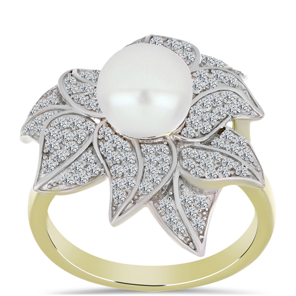 Inel din Argint 925 Placat cu Aur ( 5.26 grame ) cu Perlă de Apă Dulce Albă și Topaz Alb 3.82 Carate 3 