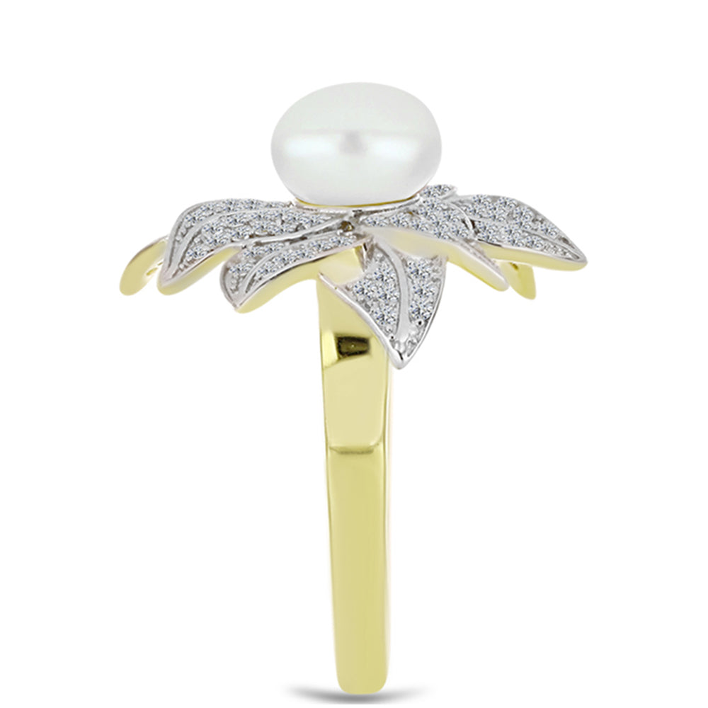 Inel din Argint 925 Placat cu Aur ( 5.26 grame ) cu Perlă de Apă Dulce Albă și Topaz Alb 3.82 Carate 4 
