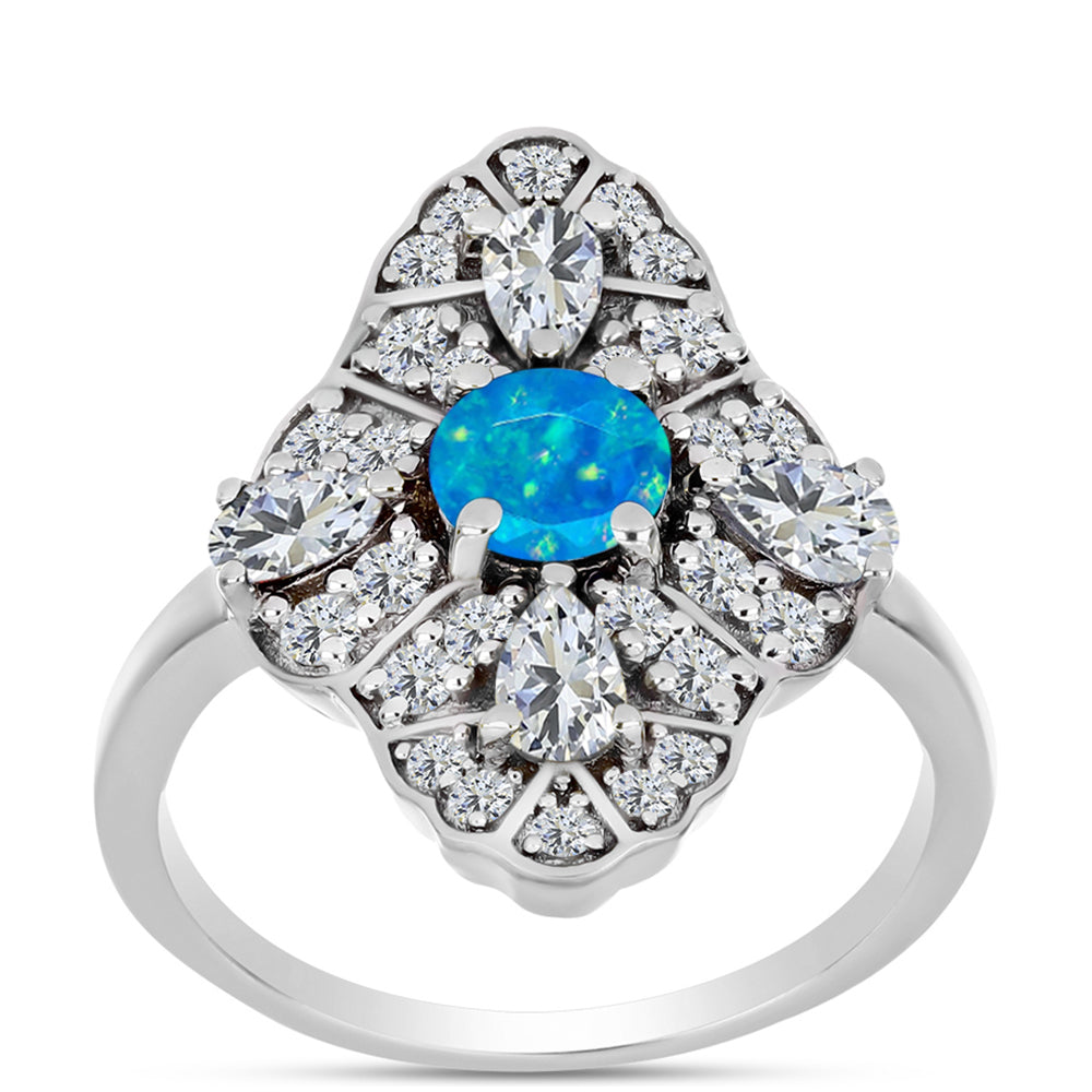 Inel din Argint 925 ( 4.35 grame ) cu Opal Albastru Etiopian Paraiba și Topaz Alb 2.31 Carate 3 