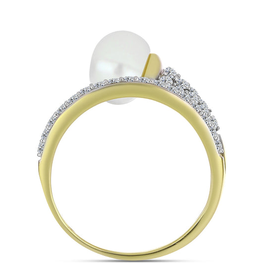Inel din Argint 925 Placat cu Aur ( 2.27 grame ) cu Perlă de Apă Dulce Albă și Topaz Alb 3.75 Carate