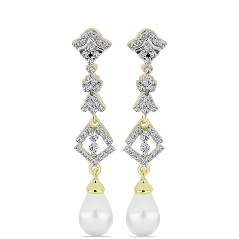 Cercei din Argint 925 Placat cu Aur ( 4.85 grame ) cu Perlă de Apă Dulce Albă și Topaz Alb 6.28 Carate