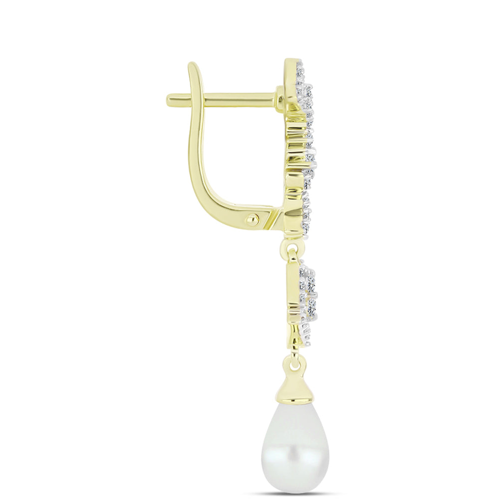 Cercei din Argint 925 Placat cu Aur ( 4.85 grame ) cu Perlă de Apă Dulce Albă și Topaz Alb 6.28 Carate 2 