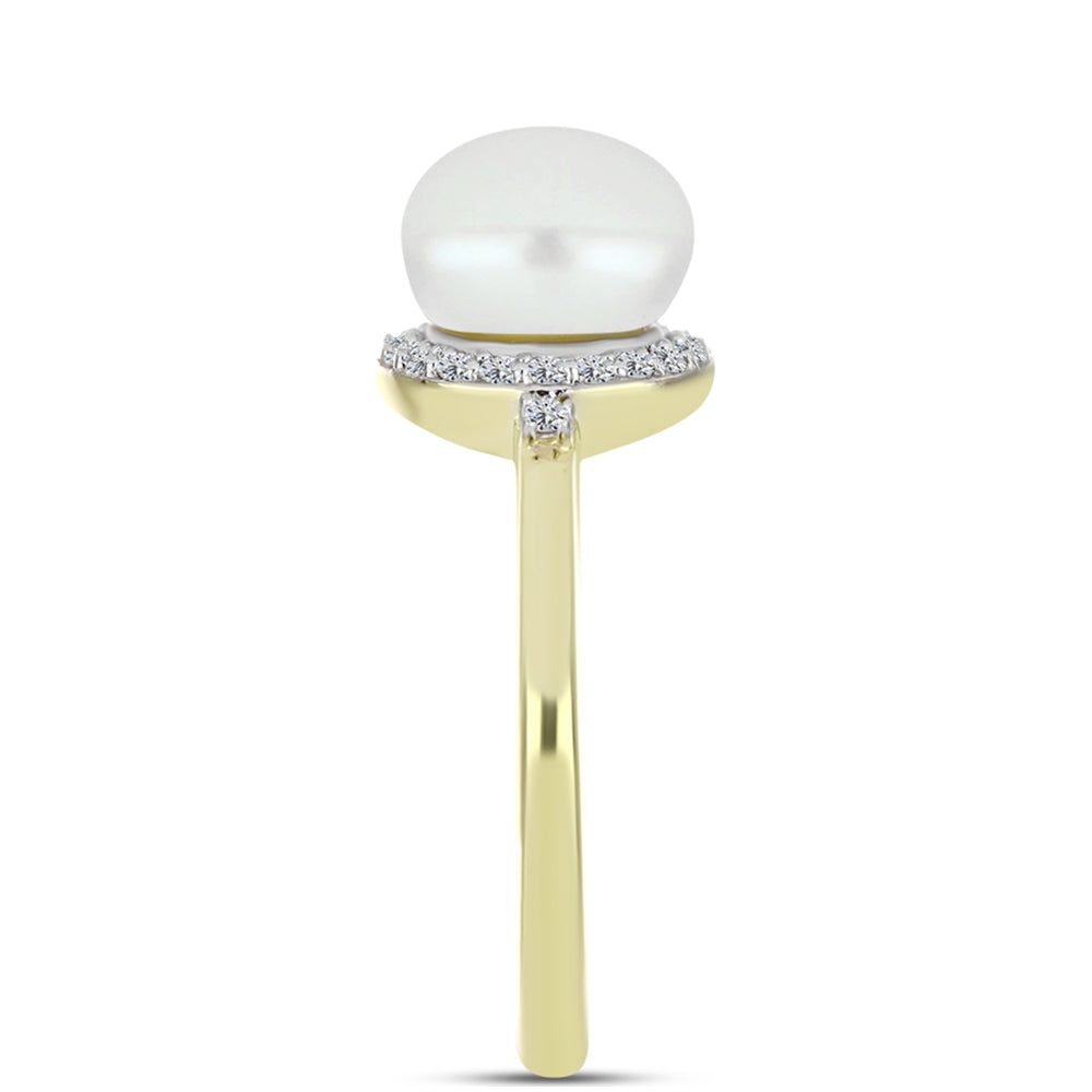 Inel din Argint 925 Placat cu Aur ( 2.19 grame ) cu Perlă de Apă Dulce Albă și Topaz Alb 3.21 Carate
