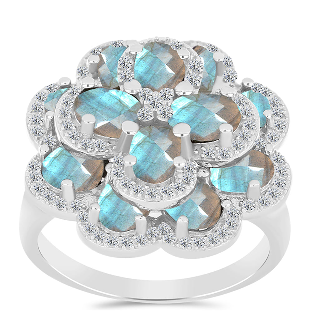 Inel din Argint 925 ( 7.39 grame ) cu Gullgruvene Labradorit și Topaz Alb 6.48 Carate 3 