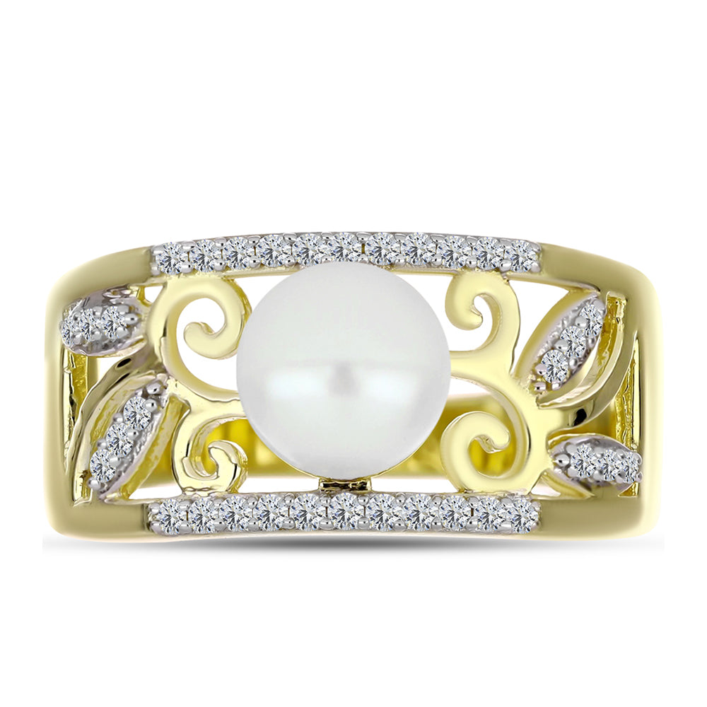 Inel din Argint 925 Placat cu Aur ( 6.11 grame ) cu Perlă de Apă Dulce Albă și Topaz Alb 3.35 Carate