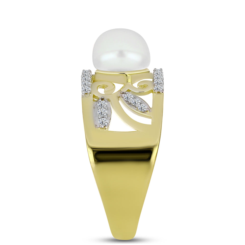 Inel din Argint 925 Placat cu Aur ( 6.11 grame ) cu Perlă de Apă Dulce Albă și Topaz Alb 3.35 Carate 4 