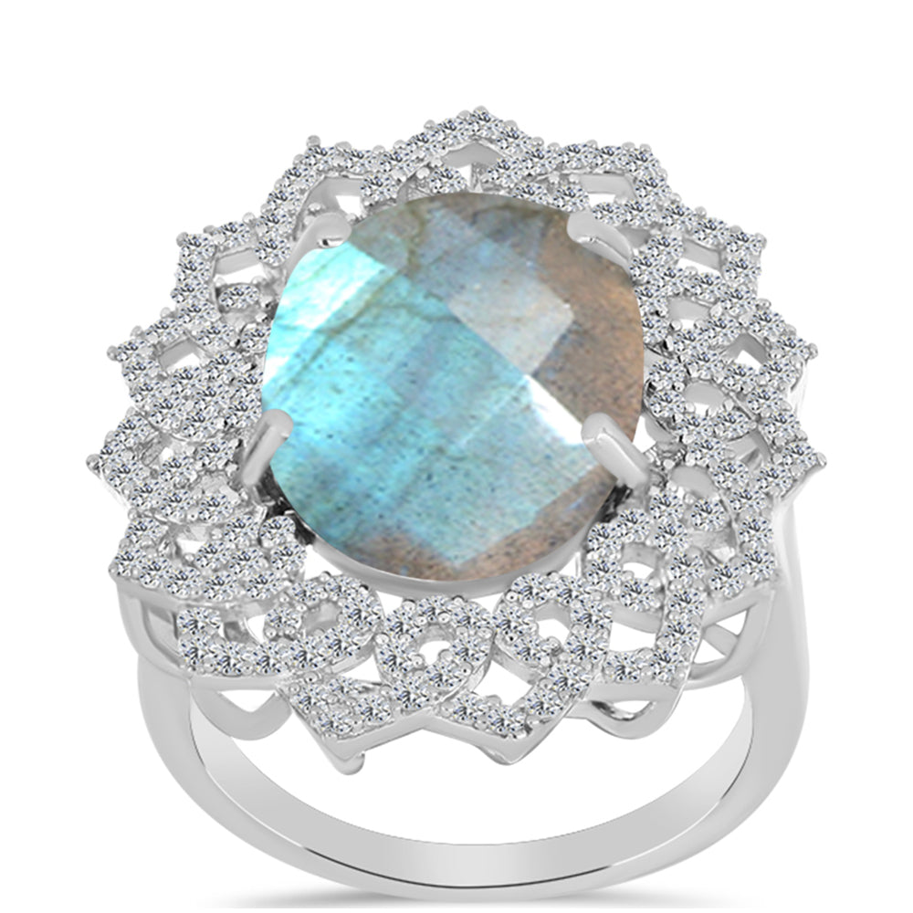 Inel din Argint 925 ( 5.7 grame ) cu Gullgruvene Labradorit și Topaz Alb 8.74 Carate 3 