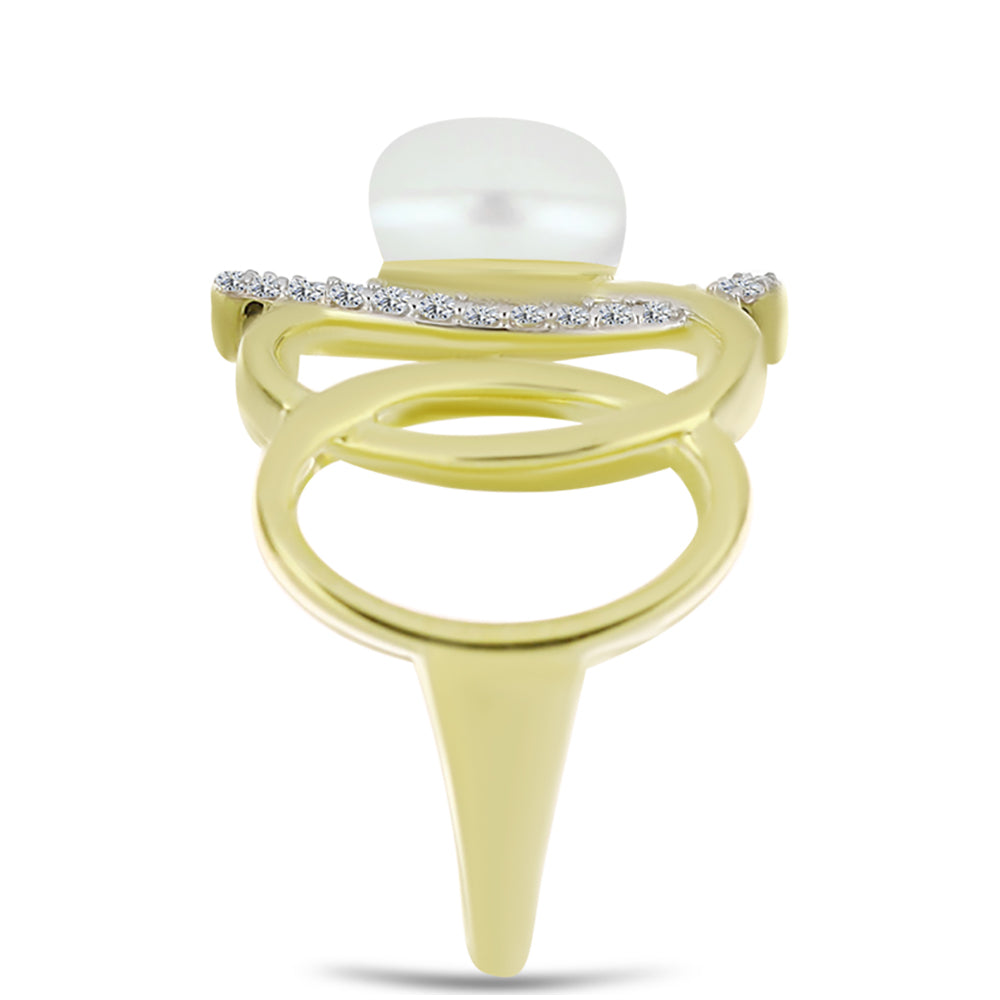 Inel din Argint 925 Placat cu Aur ( 4.75 grame ) cu Perlă de Apă Dulce Albă și Topaz Alb 2.74 Carate 4 