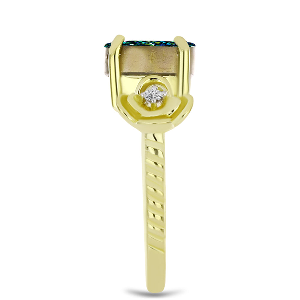 Inel din Argint 925 Placat cu Aur ( 3.17 grame ) cu Drusy Verde și Topaz Alb 2.84 Carate 4 