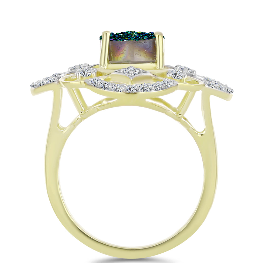 Inel din Argint 925 Placat cu Aur ( 4.6 grame ) cu Drusy Verde și Topaz Alb 3.33 Carate 2 