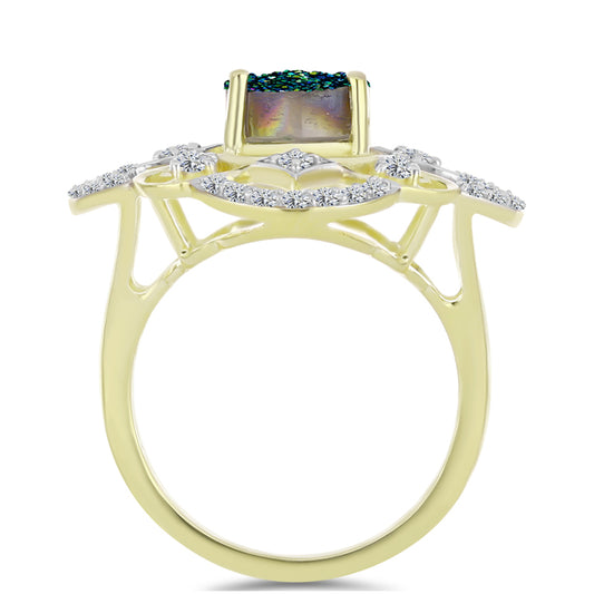 Inel din Argint 925 Placat cu Aur ( 4.6 grame ) cu Drusy Verde și Topaz Alb 3.33 Carate