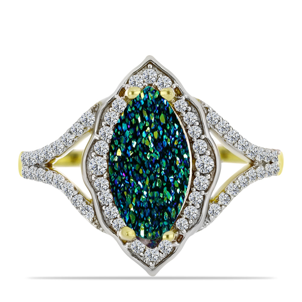 Inel din Argint 925 Placat cu Aur ( 3.52 grame ) cu Drusy Verde și Topaz Alb 3.05 Carate