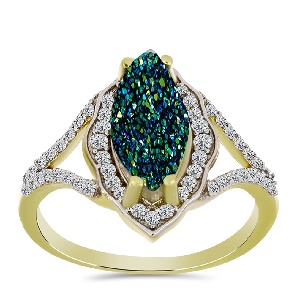 Inel din Argint 925 Placat cu Aur ( 3.52 grame ) cu Drusy Verde și Topaz Alb 3.05 Carate