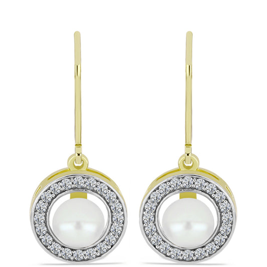 Cercei din Argint 925 Placat cu Aur ( 3.01 grame ) cu Perlă de Apă Dulce Albă și Topaz Alb 2.69 Carate