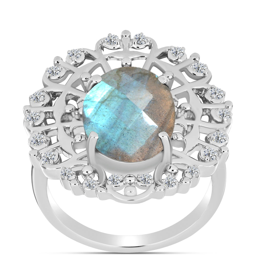 Inel din Argint 925 ( 5.78 grame ) cu Gullgruvene Labradorit și Topaz Alb 5.29 Carate 3 