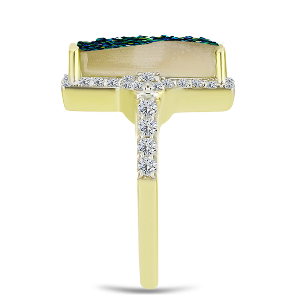 Inel din Argint 925 Placat cu Aur ( 3.69 grame ) cu Drusy Verde și Topaz Alb 4.88 Carate 4 