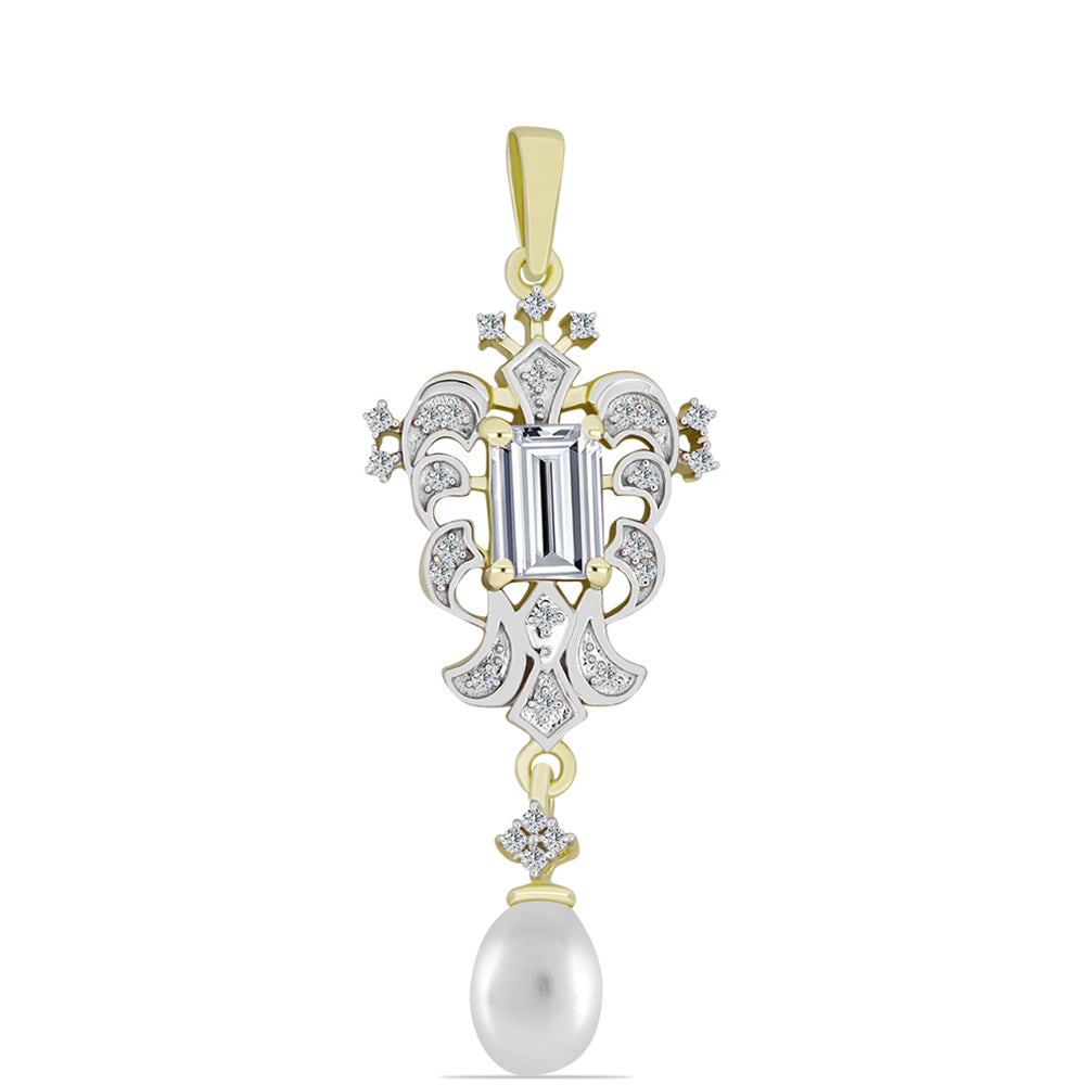 Pandantiv din Argint 925 Placat cu Aur ( 2.6 grame ) cu Perlă de Apă Dulce Albă și Topaz Alb 3.25 Carate