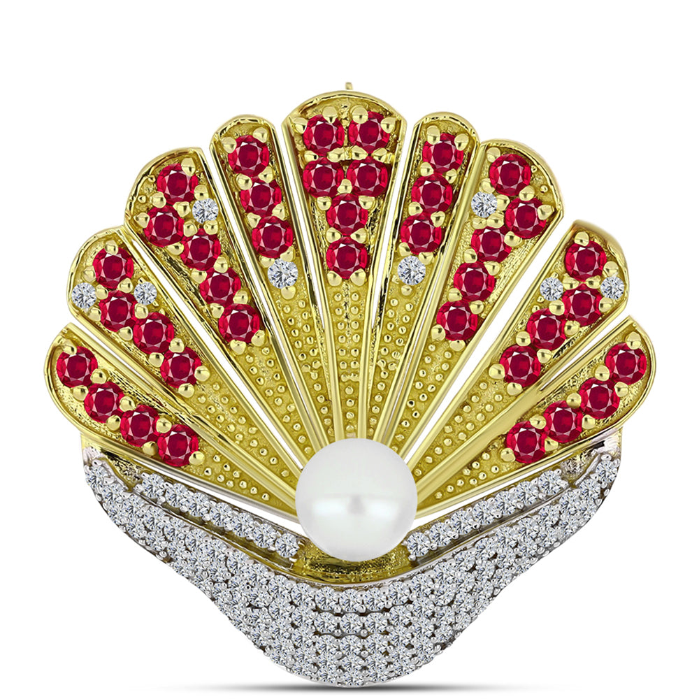 Broşă din Argint 925 Placat cu Aur ( 6.75 grame ) cu Rubin Malagasy și Perlă de Apă Dulce Albă 4.08 Carate 1 