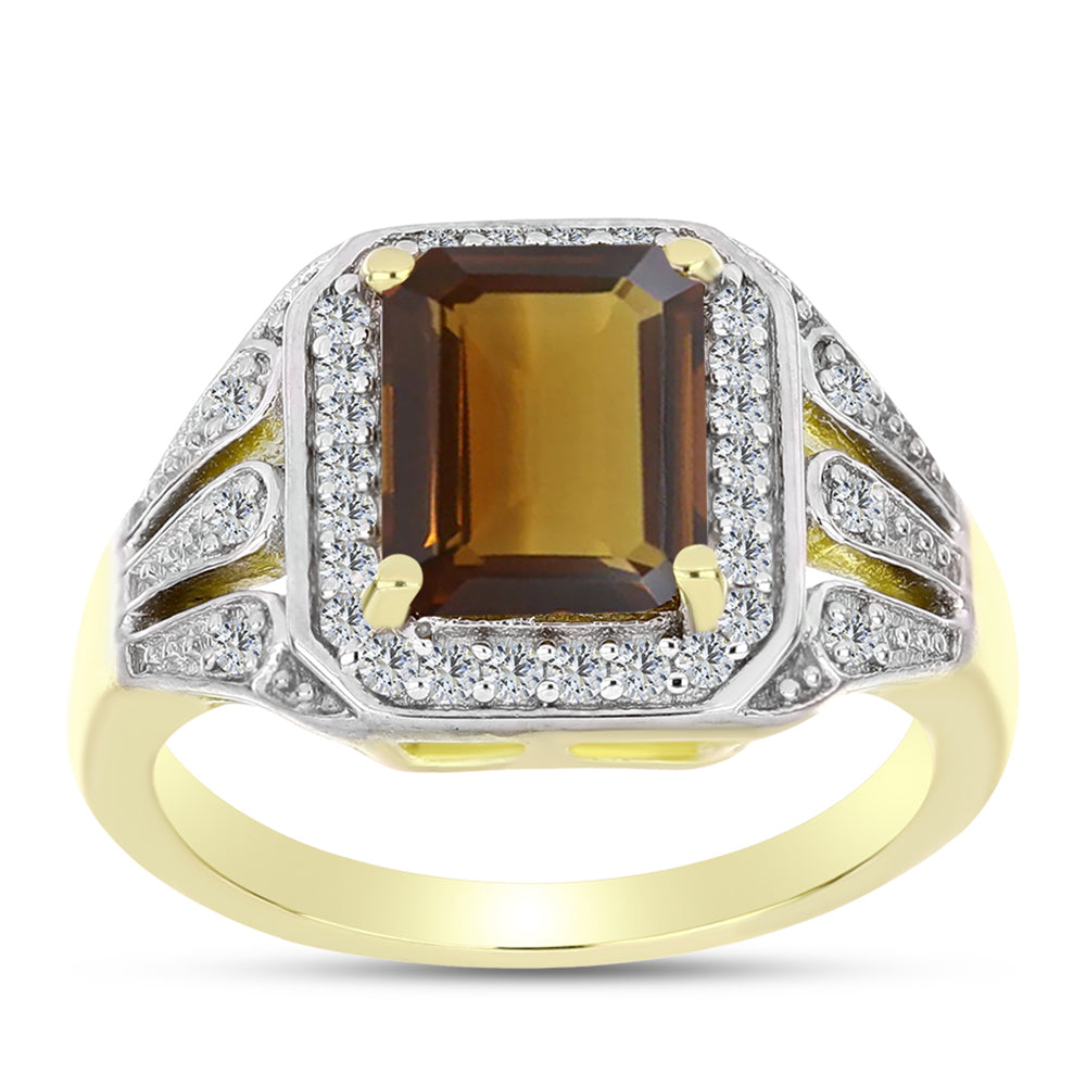 Inel din Argint 925 Placat cu Aur ( 4.59 grame ) cu Cuarț Coniac și Topaz Alb 2.35 Carate