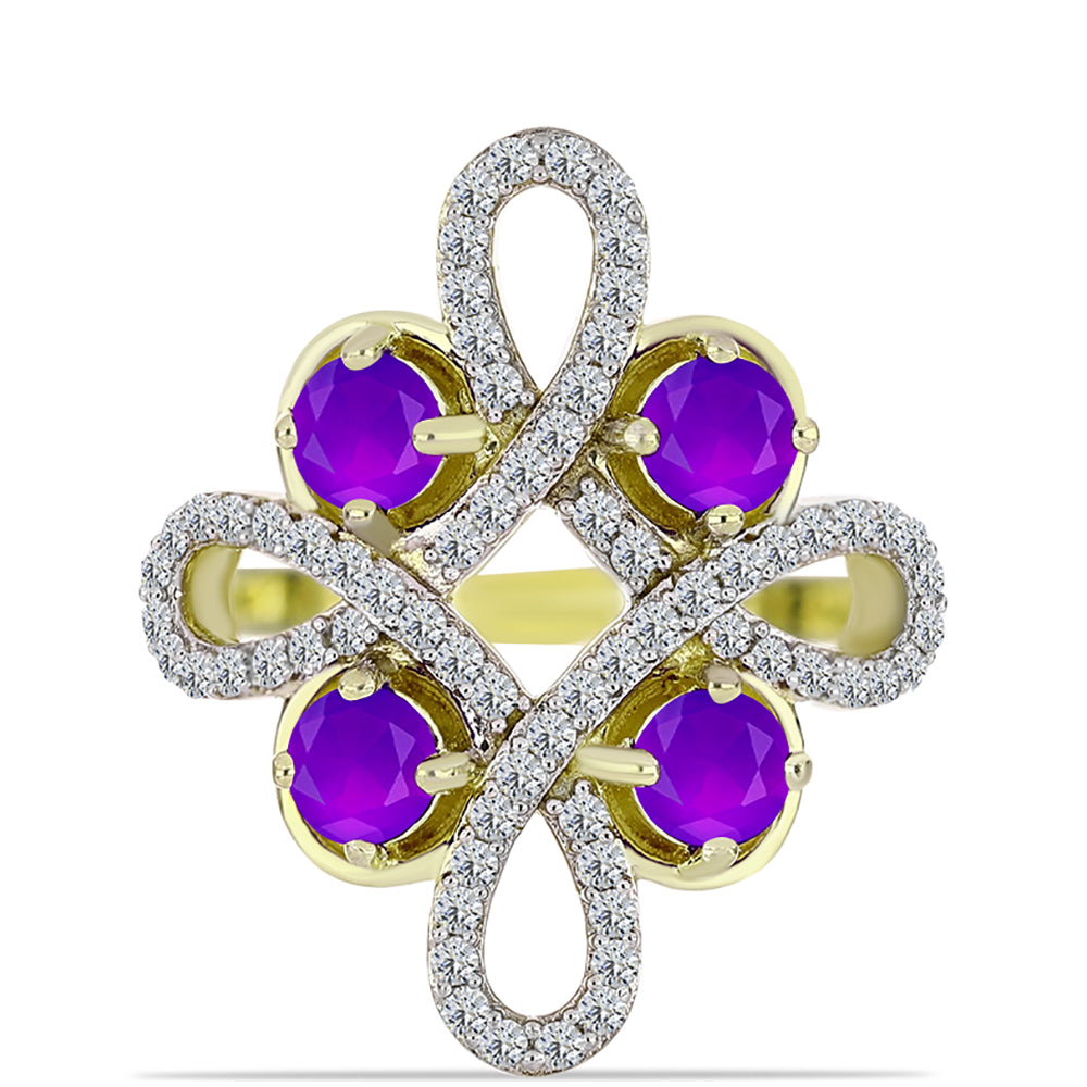 Inel din Argint 925 Placat cu Aur ( 4.36 grame ) cu Agat Violet și Topaz Alb 1.59 Carate 1 