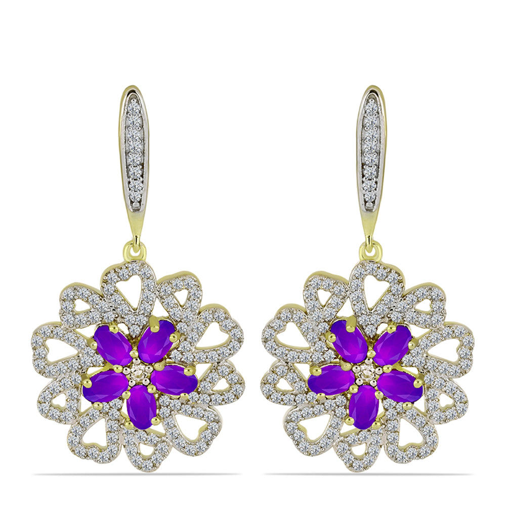 Cercei din Argint 925 Placat cu Aur ( 10.13 grame ) cu Agat Violet și Topaz Alb 3.97 Carate