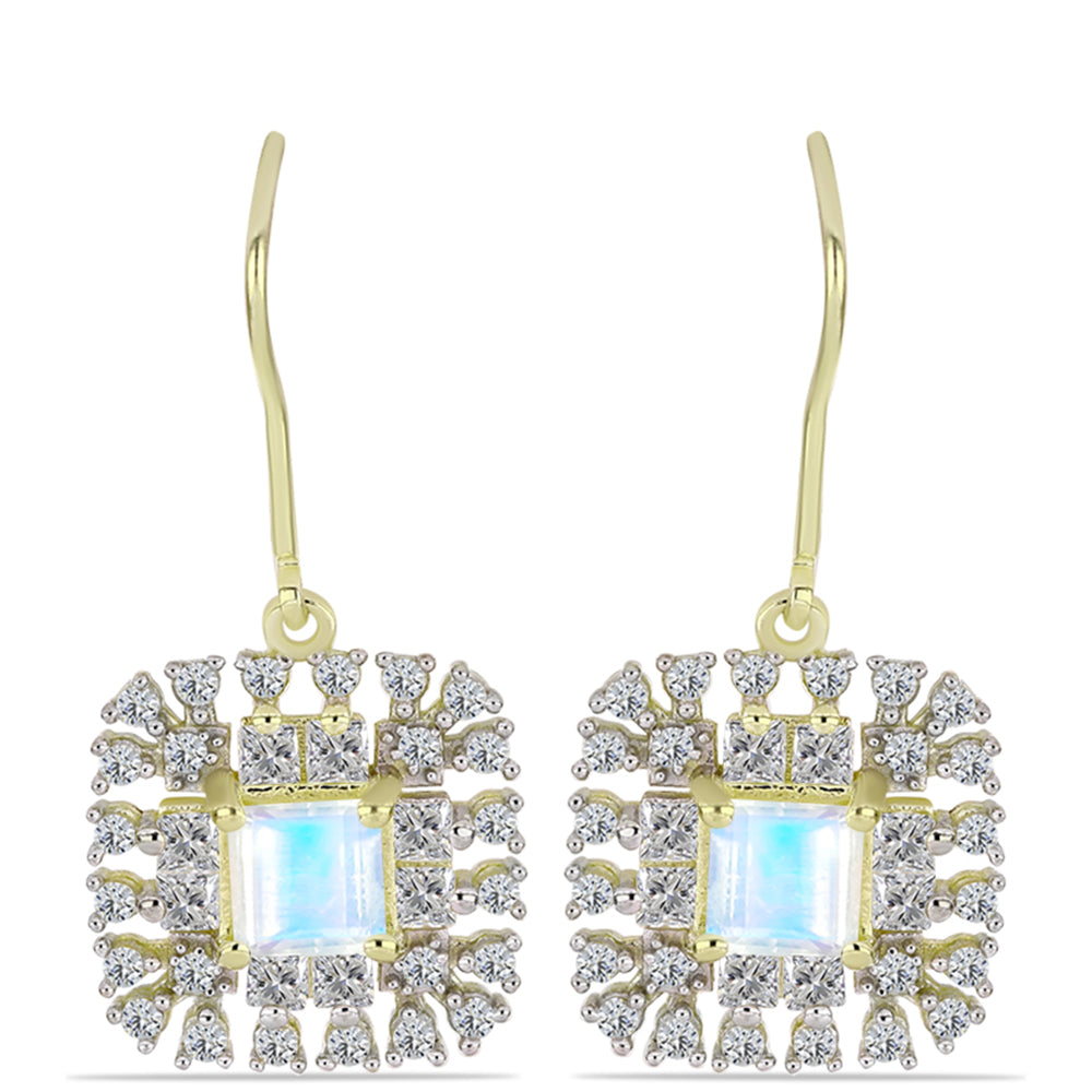 Cercei din Argint 925 Placat cu Aur ( 3.88 grame ) cu Piatra Lunii Curcubeu și Topaz Alb 2.8 Carate